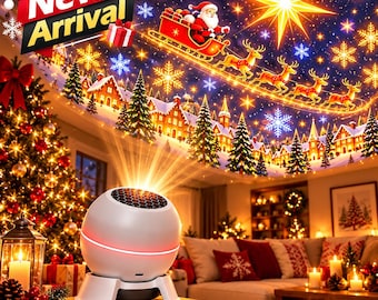 May include: A white spherical projector lamp with a black honeycomb top, resting on a stand, casting a vibrant Christmas scene of Santa in a sleigh with reindeer, a village, and snowflakes onto the ceiling above a decorated room.