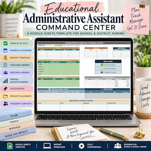 Può includere: Un modello digitale Google Sheets per assistenti amministrativi scolastici e distrettuali visualizzato su uno schermo di un portatile. L'interfaccia include sezioni per attività, eventi, monitoraggio del budget, ordini di acquisto e pianificazione.