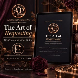 Puede incluir: Una tableta digital muestra la portada de una guía titulada The Art of Requesting, con un logotipo circular dorado con las letras A.P. El texto incluye A Field Guide to Intentional Power, A guide to asking with intent e Instant Download.