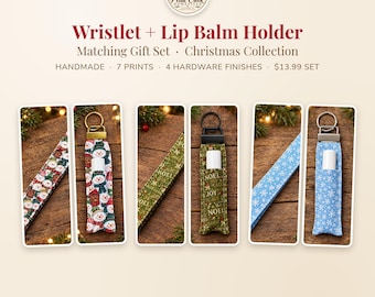 Handmade Christmas Wristlet + Lip Balm Holder Gift Set, Holiday Keychain Accessory