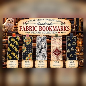 May include: Five rectangular fabric bookmarks labeled W-1 through W-5. W-1 has gold Harry Potter text on black. W-2 features colorful school crests on black. W-3 shows black and white character sketches. W-4 depicts a map. W-5 has gold triangle symbols.
