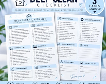 May include: A printable deep clean checklist document featuring three pages of room-by-room cleaning tasks. The layout includes sections for kitchen, bedrooms, bathrooms, living areas, stairs, hallways, windows, extras, maintenance, and sign-off areas.