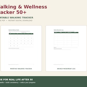 Può includere: Un documento stampabile Walking & Wellness Tracker 50+ che include un calendario di monitoraggio mensile delle camminate e un registro settimanale dei movimenti. Il layout presenta intestazioni verde scuro, tabelle e righe per note.
