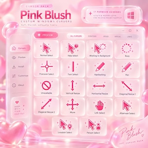 May include: A digital cursor pack titled Pink Blush featuring 17 custom Windows cursors in a soft pink aesthetic. The interface displays various pointer icons including normal select, precision select, text select, and resize tools with sparkle accents.