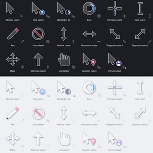 Pode incluir: Uma coleção de ícones de cursor de computador exibidos em dois conjuntos, um escuro e um claro. Cada conjunto inclui várias formas como setas, uma caneta, uma mão e círculos, rotulados com texto como Normal select, Help select e Busy.