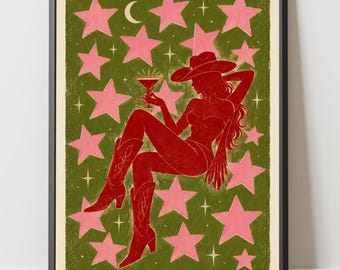 Decoración de pared con temática vaquera, póster retro del oeste, decoración para carrito de bar con estrella rosa.
