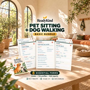 Könnte beinhalten: Ein ReadyKind Basis-Paket für Tiersitting und Gassi-Service mit 8 essenziellen Formularen, darunter Kundenaufnahme, individuelles Tierprofil und Tierbesuchsberichte als druckbare Word- und ausfüllbare PDF-Dateien.