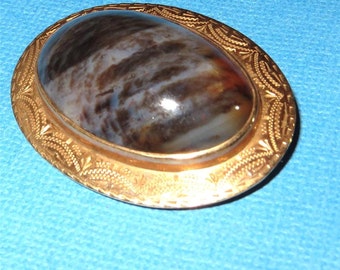 Antique 14K Gold Oval Brooch Scottish Banded Agate Large Cabochon