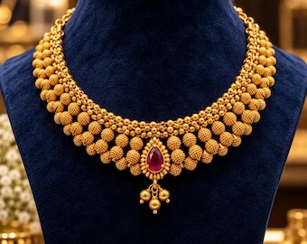 Traditionele Indiase ketting van 22 karaats goud, handgemaakte gouden ketting, tempelsieraden, bruidsketting, Indiase huwelijkssieraden, gouden ketting van 43 gram