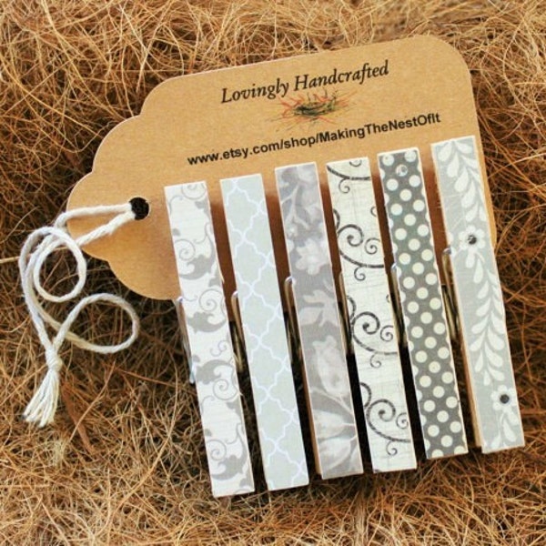 Wedding Decoration, Magnet Clothespins, Gray and Black, Set of 6 Standard Size