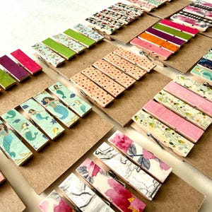 May include: A collection of wooden clothespins decorated with various patterns including mermaids, floral prints, polka dots, and solid colors. Each clothespin features a metal spring mechanism and is arranged in rows on rectangular brown cardboard backing.