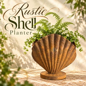 May include: A brown, textured, shell-shaped metal planter with a circular base, containing green ferns and small white flowers. The text "Rustic Shell Planter" is displayed in dark brown, elegant script and serif lettering above the object.