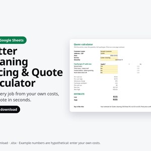 May include: A digital Gutter Cleaning Pricing & Quote Calculator template for Excel and Google Sheets. The interface displays fields for customer details, service type, linear footage, and various upcharge options to generate a price estimate.