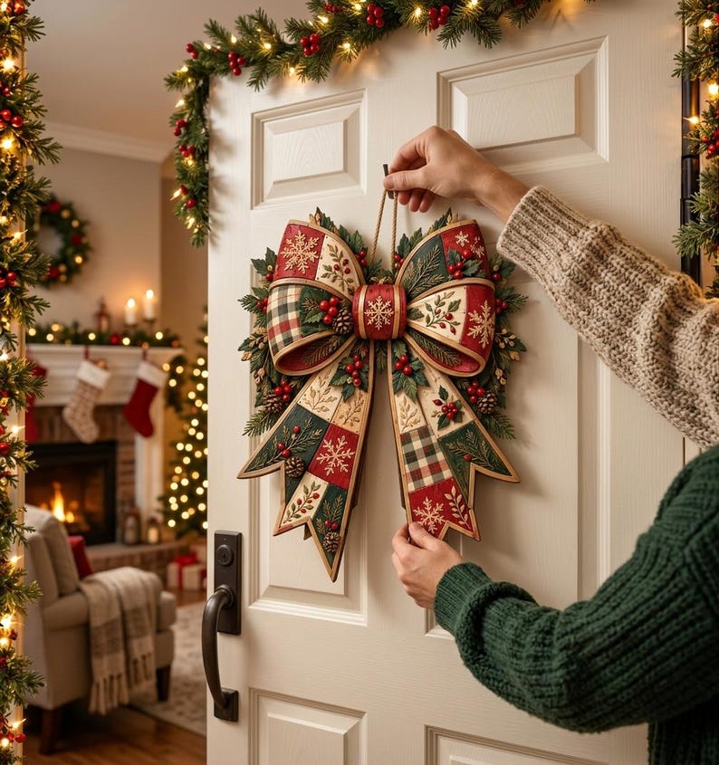 Small Rustic Bows Christmas Bow Wooden Door Hanger, Rustic Plaid Christmas Wreath ...