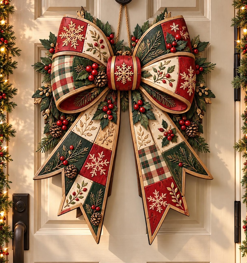 Small Rustic Bows Christmas Bow Wooden Door Hanger, Rustic Plaid Christmas Wreath ...