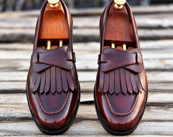 Mens Handmade Brown Tassel Kiltie Loafer, Fringe Slip On Dress Shoe