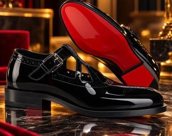 Scarpe da uomo Christian Louboutin in pelle verniciata nera, modello monk strap con suola rossa, scarpe eleganti di lusso fatte a mano.