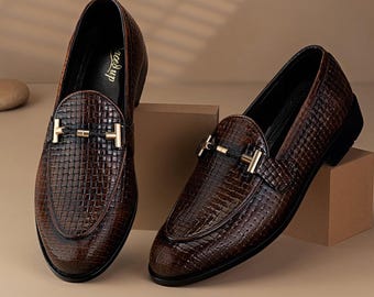 Mocasines de cuero tejido a mano con detalle de herradura – Zapatos de vestir de estilo italiano en color marrón oscuro