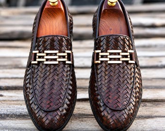 Brown Woven Leather Loafers – Handmade Men’s Slip-On Shoes