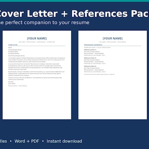 May include: A digital document template set titled Cover Letter + References Pack, featuring two white pages with blue text headers and placeholders for personal information, professional references, and cover letter body text in a clean layout.