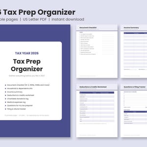 May include: A 2026 Tax Prep Organizer digital document set featuring 10 printable pages in US Letter size. The cover page is dark blue with white text, and the interior pages include a document checklist, income summary, and deduction worksheets.