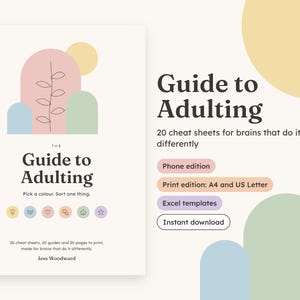 May include: A digital guide titled The Guide to Adulting with 20 cheat sheets for brains that do it differently. The cover features pastel arches, a line-art plant, and icons. Text includes Phone edition, Print edition: A4 and US Letter, and Instant download.