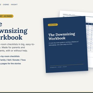 Werkboek voor senioren met grote lettertypen over het verkleinen van hun woning | Checklist voor het opruimen per kamer | Planner voor bewaren, verkopen en doneren | Printbare PDF voor verhuizing na pensionering