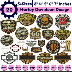 Puede incluir: Una colección de 20 diseños de bordado Harley Davidson en tamaños de 3, 4, 5, 6 y 7 pulgadas. Incluye logotipos, motivos de calaveras, emblemas de la Ruta 66 y gráficos de texto en negro, naranja, blanco y dorado. Formatos: PES, JEF, SEW, HUS, VIP, XXX, PCS, ART, SHV, VP3.