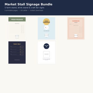 Può includere: Un pacchetto digitale di cinque cartelli stampabili per bancarelle su pagine in formato US Letter. I design includono Fresh Produce, Fresh Lemonade, Handmade with love, Today Only e Follow Us, con vari layout, righe vuote e caselle per i prezzi.
