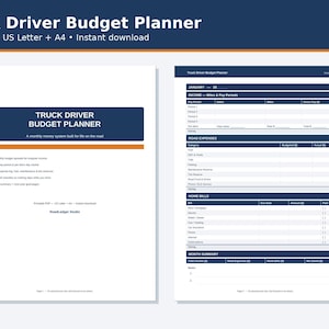 May include: A digital Truck Driver Budget Planner document featuring a white cover page with dark blue text and an orange accent line, alongside a second page displaying a detailed monthly financial tracking layout with sections for income, road expenses, and home bills.