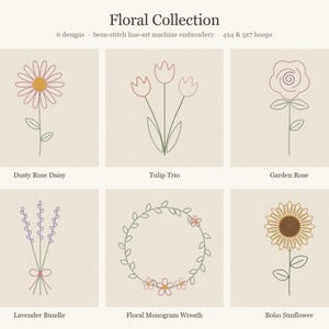 Floral Machine Embroidery Design Bundle, 6 Bean Stitch Line Art Flowers, 4x4 5x7