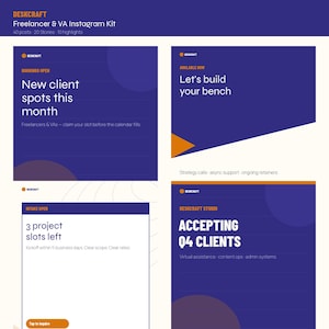 Puede incluir: Un kit digital de Instagram para freelancers y asistentes virtuales que incluye cuatro plantillas gráficas moradas y blancas con texto que incluye New client spots this month, Let's build your bench, 3 project slots left y Accepting Q4 clients.