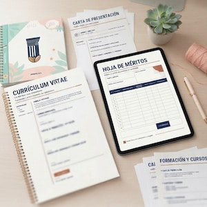 Puede incluir: Un conjunto de documentos profesionales que incluye un cuaderno de espiral con un logotipo de planta, una tableta con una tabla de Hoja de Méritos y hojas impresas tituladas Carta de Presentación y Formación y Cursos, junto a una suculenta.