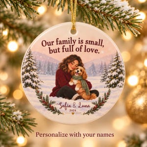 Personalized Dog Mom Christmas Ornament, Woman and Dog Keepsake, Custom Names, Double-Sided Ceramic Ornament