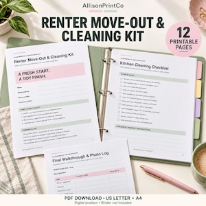 Può includere: Un kit di trasloco e pulizia per affittuari con 12 pagine stampabili, inclusa una lista di controllo per la pulizia della cucina e un registro per l'ispezione finale. I documenti presentano testo nero su carta bianca con accenti rosa e verde salvia.