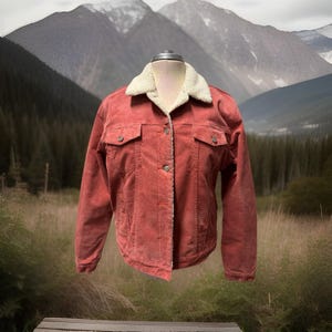 May include: A rust-colored corduroy jacket featuring a cream-colored sherpa collar and lining. The jacket includes a front button closure, two chest pockets with buttoned flaps, and long sleeves, displayed on a mannequin torso.