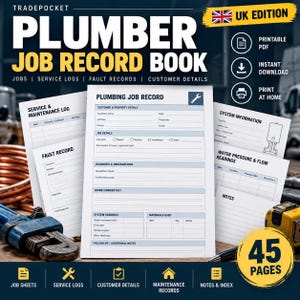 May include: A digital Plumber Job Record Book template featuring sections for customer details, job descriptions, fault records, service logs, and system information. The document includes fields for water pressure, flow readings, and notes, presented in a clean, professional layout for plumbing professionals.