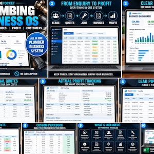 May include: A digital plumbing business operating system displayed on a laptop screen, featuring ten modules including a dashboard, lead pipeline, quote calculator, job costing, and invoice tracker. The interface uses blue, white, and green color schemes.