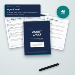 Puede incluir: Una colección de materiales de estudio imprimibles titulados Agent Vault para el examen Series 63, con una cubierta azul oscuro, varias páginas blancas con texto negro, una insignia circular verde azulado de 40 páginas y un bolígrafo negro.