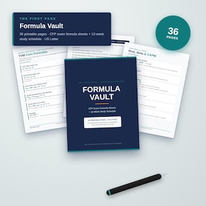 Op de afbeelding: Een verzameling van 36 printbare pagina's genaamd Formula Vault, met CFP-examenformulebladen en een 12-weken studieplanning in US Letter-formaat. De set bevat een donkerblauwe omslag, witte pagina's met financiële formules en een zwarte stylus.