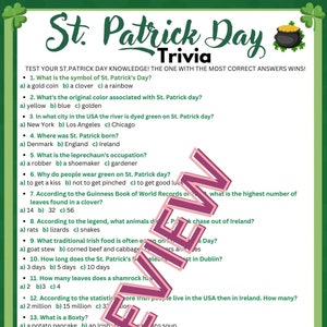 May include: St. Patrick's Day trivia quiz with multiple choice questions. The quiz covers topics like the symbol of St. Patrick's Day, the original color associated with the holiday, and the city where the river is dyed green on St. Patrick's Day. The quiz also includes questions about the leprechaun's occupation, why people wear green on St. Patrick's Day, and the highest number of leaves found in a clover.