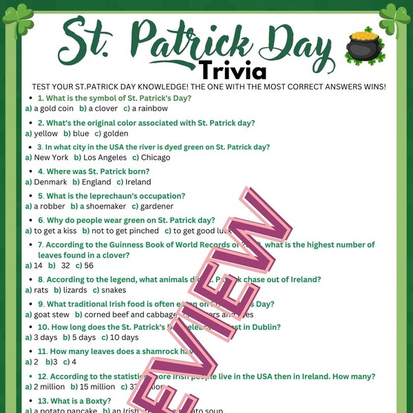 St. Patrick's Day Trivia Questions Game/ Trivia for St.Patrick's Day Celebration
