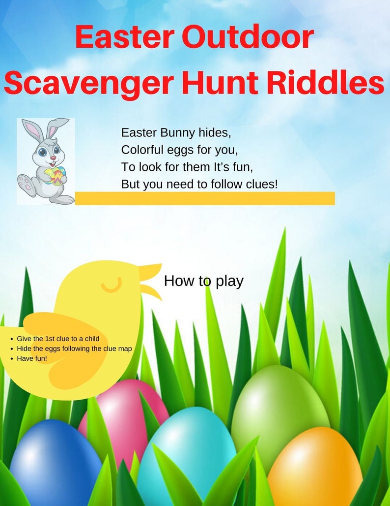 Easter Outdoor Scavenger Hunt Riddles 12 rhyming clues image 1