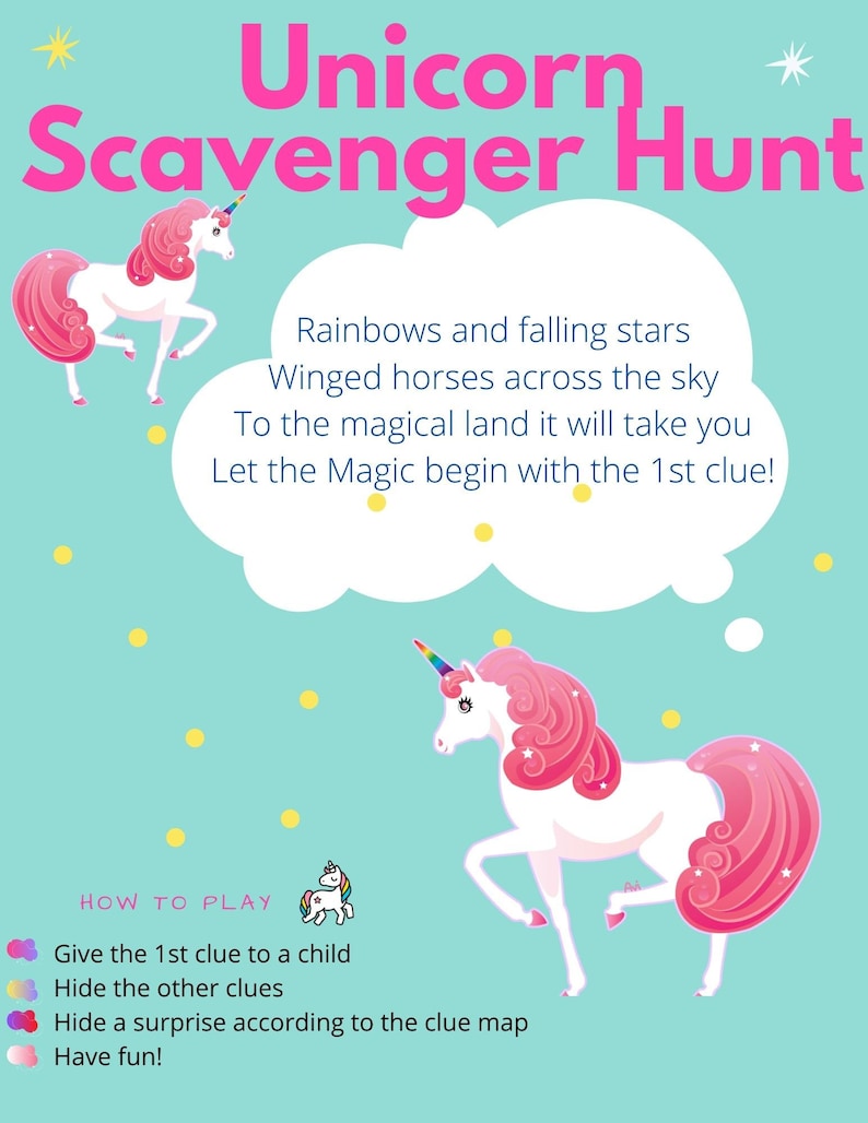 unicorn scavenger hunt rhyming clues riddles 12 ryming etsy