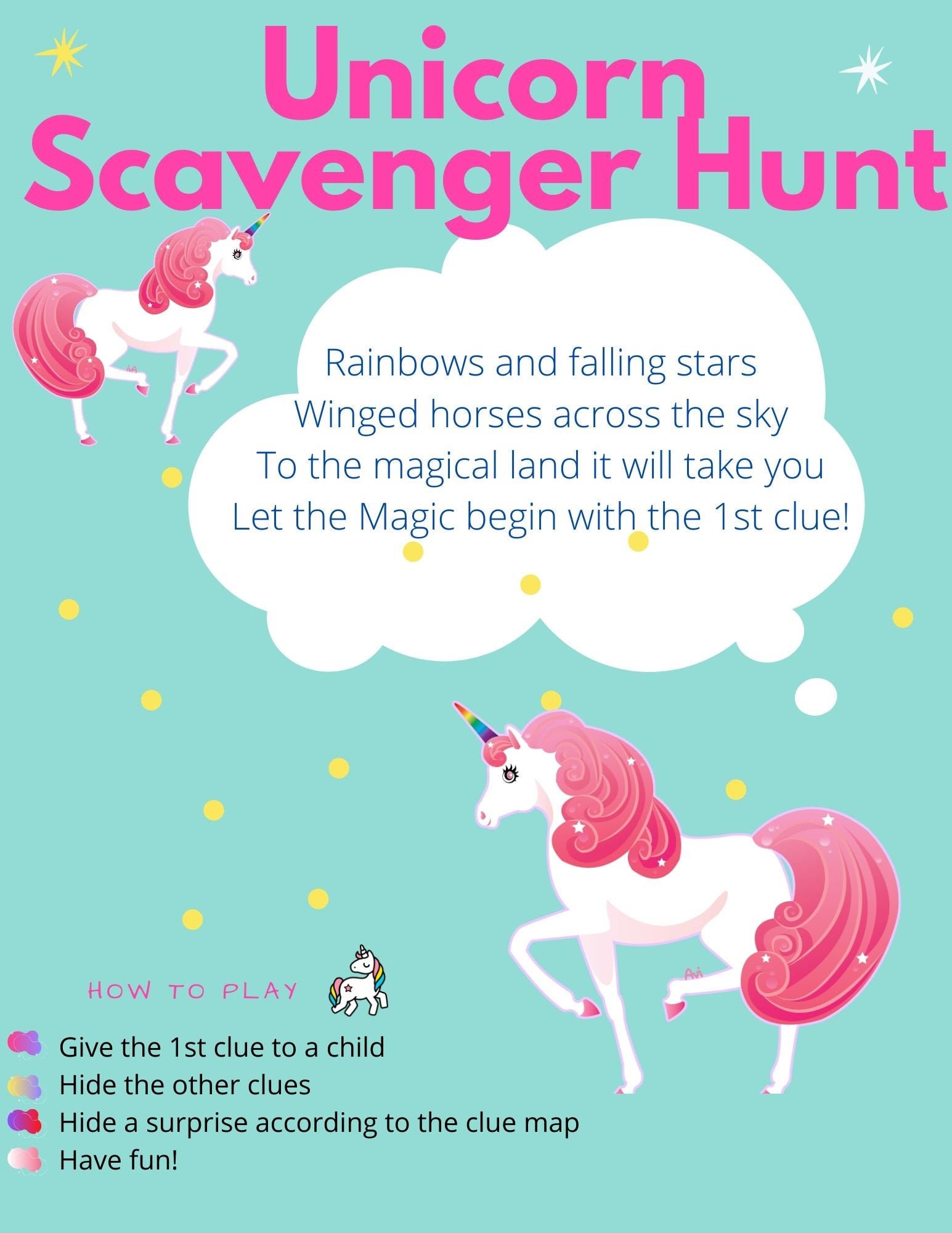 Unicorn Scavenger Hunt Rhyming Clues riddles 12 Ryming Etsy Ireland