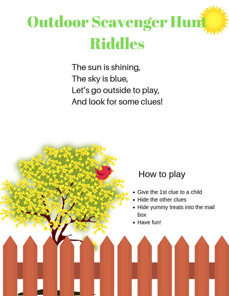 Outdoor Kids Scavenger Hunt Rhyming Clues Riddles | Etsy