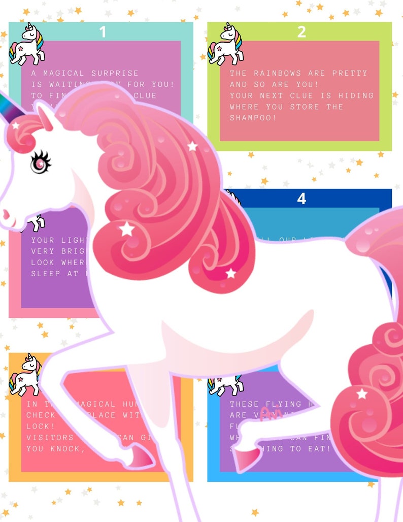 Unicorn Scavenger Hunt Rhyming Clues Riddles 12 ryming Etsy