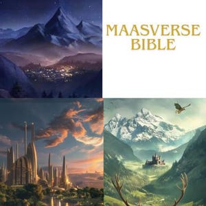 Może przedstawiać: Kolaż przedstawiający cztery różne sceny: nocny krajobraz górski z rozgwieżdżonym niebem, złoty napis MAASVERSE BIBLE, futurystyczne miasto z wysokimi wieżami o zachodzie słońca oraz jelenia patrzącego na zamek w górskiej dolinie.