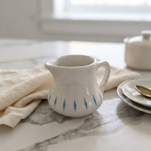 Vintage Homer Laughlin Atomic Creamer, Turquoise Blue Diamond Restaurantware Pitcher, Mid Century American Ceramic Serveware