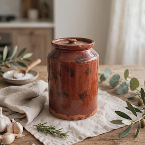 May include: A cylindrical brown ceramic storage jar with a matching lid. The jar features a glossy, mottled glaze with darker brown patches and a visible unglazed, textured base. The vessel has a thick rim and a small knob on the lid.